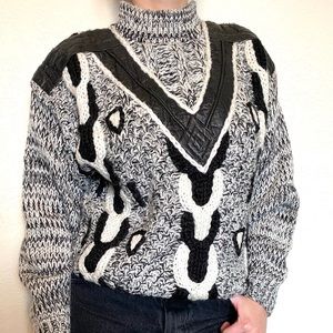 Vintage Knit and Leather Geometric Grandpa Sweater